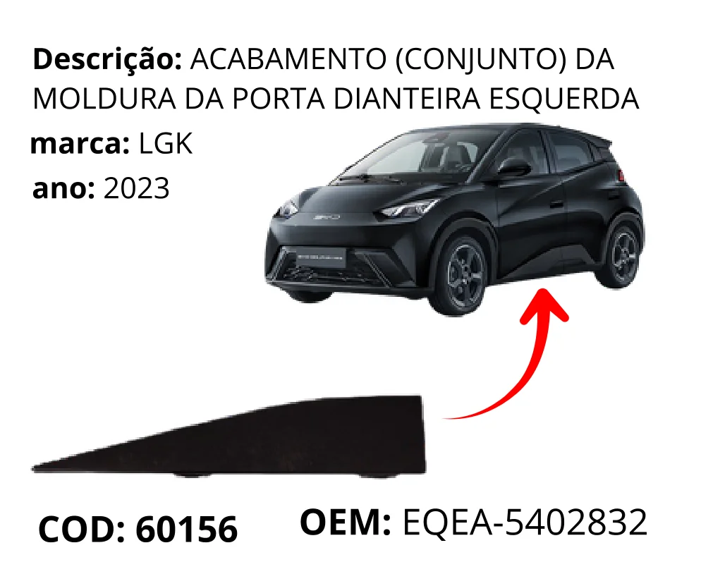 Acabamento (conjunto) da Moldura da Porta Dianteira Esquerda original para BYD Dolphin Mini, lado esquerdo, AutoVoltz