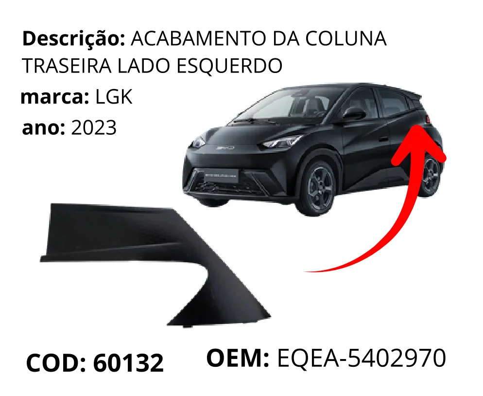 Acabamento da Coluna Traseira Lado Esquerdo original para BYD Dolphin Mini, lado esquerdo, AutoVoltz
