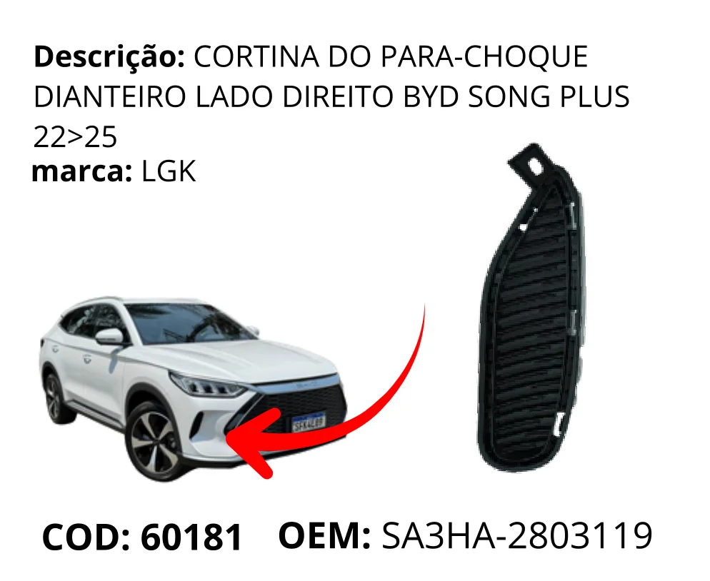 Cortina do Para-choque Dianteiro Lado Direito original para BYD Song Plus DM-i, lado direito, AutoVoltz