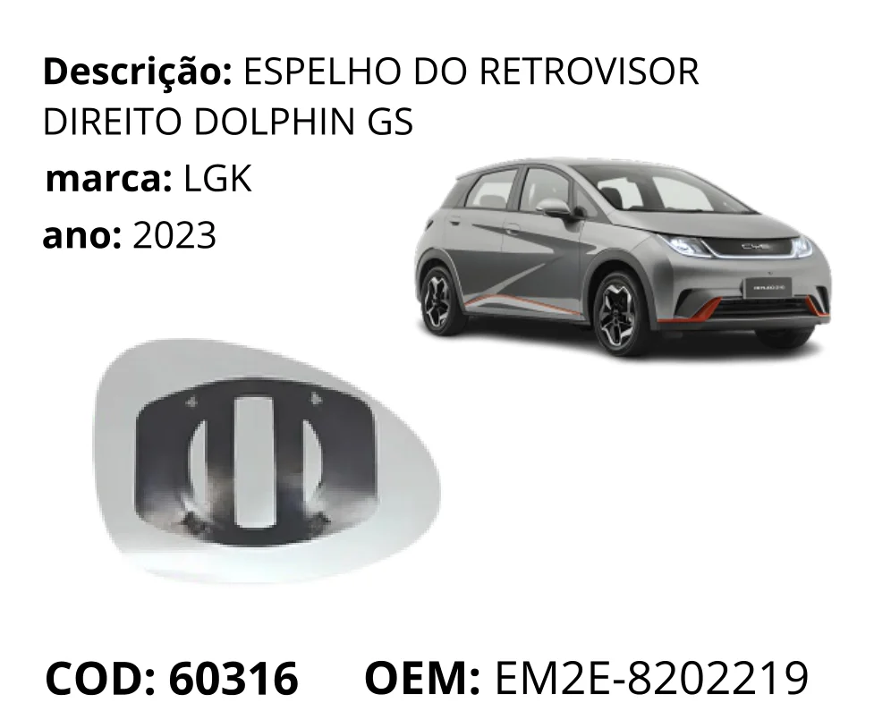 Espelho do Retrovisor Direito original para BYD Dolphin GS/Plus, lado direito, AutoVoltz