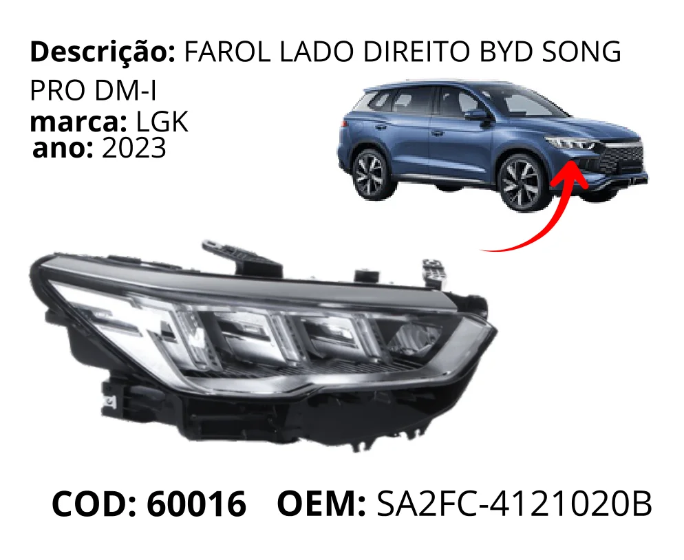 Farol Lado Direito original para BYD Song Pro, lado direito, AutoVoltz