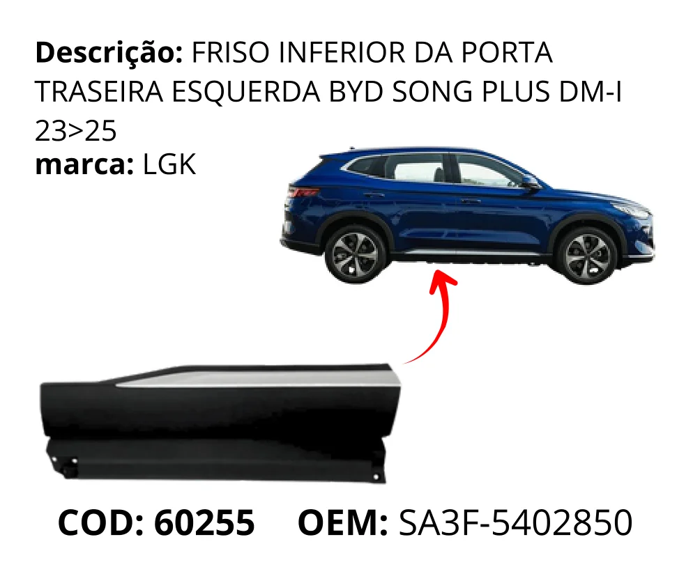 Friso Inferior da Porta Traseira Esquerda original para BYD Song Plus DM-i, lado esquerdo, AutoVoltz