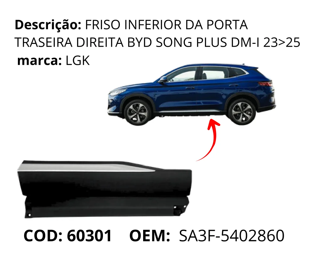 Friso Inferior da Porta Traseira Direita original para BYD Song Plus DM-i, lado direito, AutoVoltz
