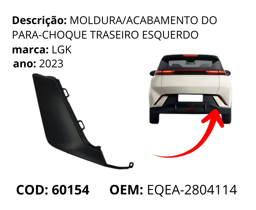 Moldura/Acabamento do Para-choque Traseiro Esquerdo original para BYD Dolphin Mini, lado esquerdo, AutoVoltz