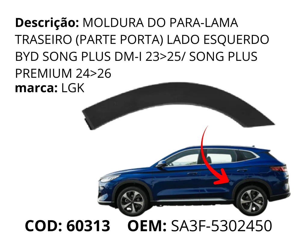 Moldura do Para-lama Traseiro (Parte Porta) Lado Esquerdo original para BYD Song Plus DM-i, lado esquerdo, AutoVoltz