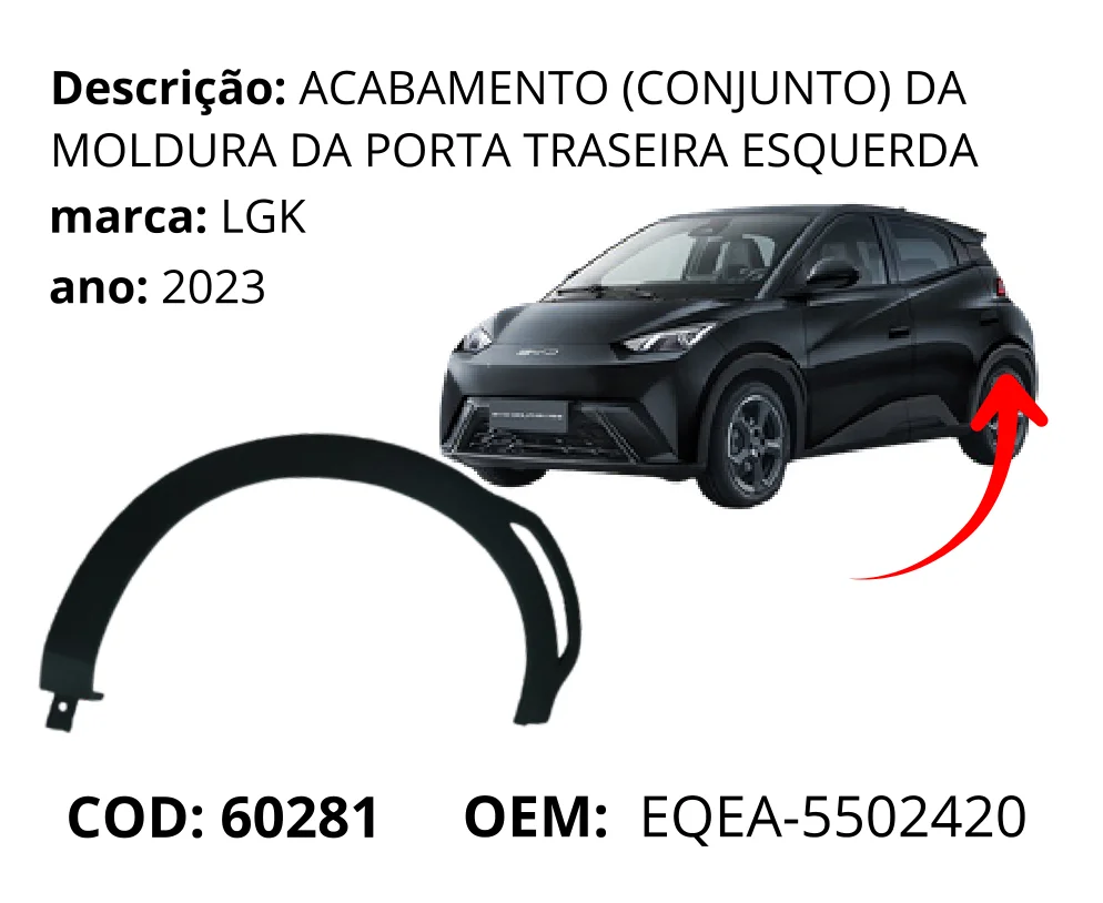 Moldura do Para-lama Traseira Lado Esquerdo original para BYD Dolphin Mini, lado esquerdo, AutoVoltz