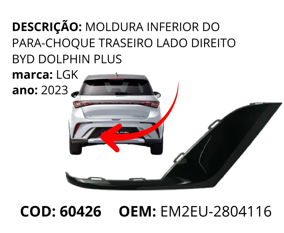 Moldura Inferior do Para-choque Traseiro Lado Direito Dolphin Plus original para BYD Dolphin GS/Plus, lado direito, AutoVoltz