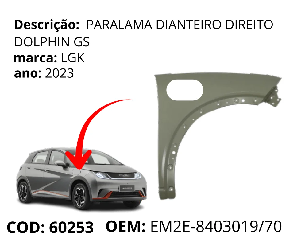 Para-lama Dianteiro Direito Dolphin GS original para BYD Dolphin GS/Plus, lado direito, AutoVoltz