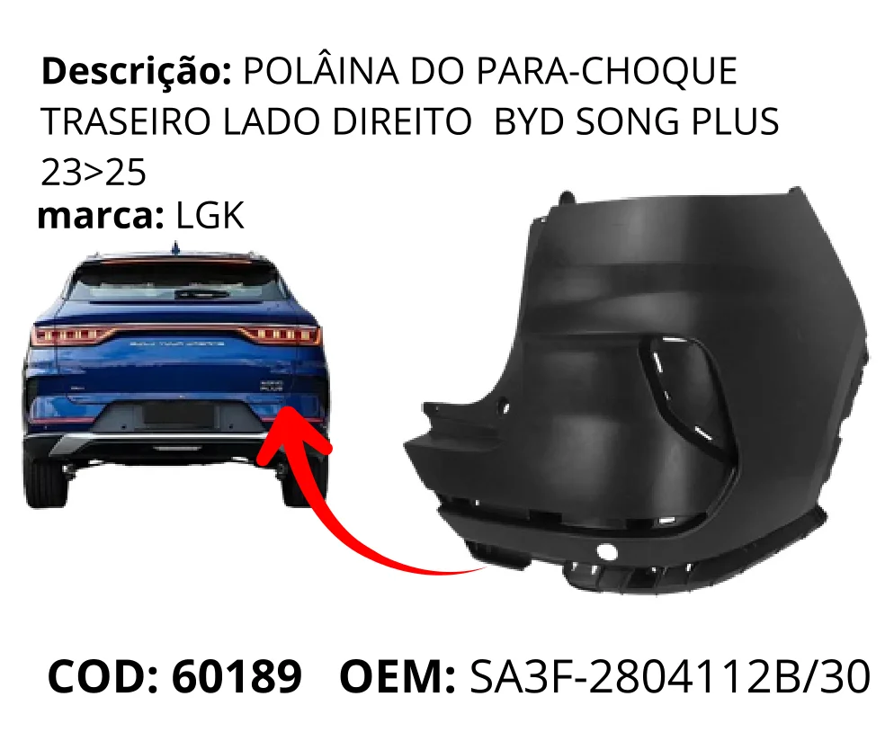 Polaina do Para-choque Traseiro Lado Direito original para BYD Song Plus DM-i, lado direito, AutoVoltz