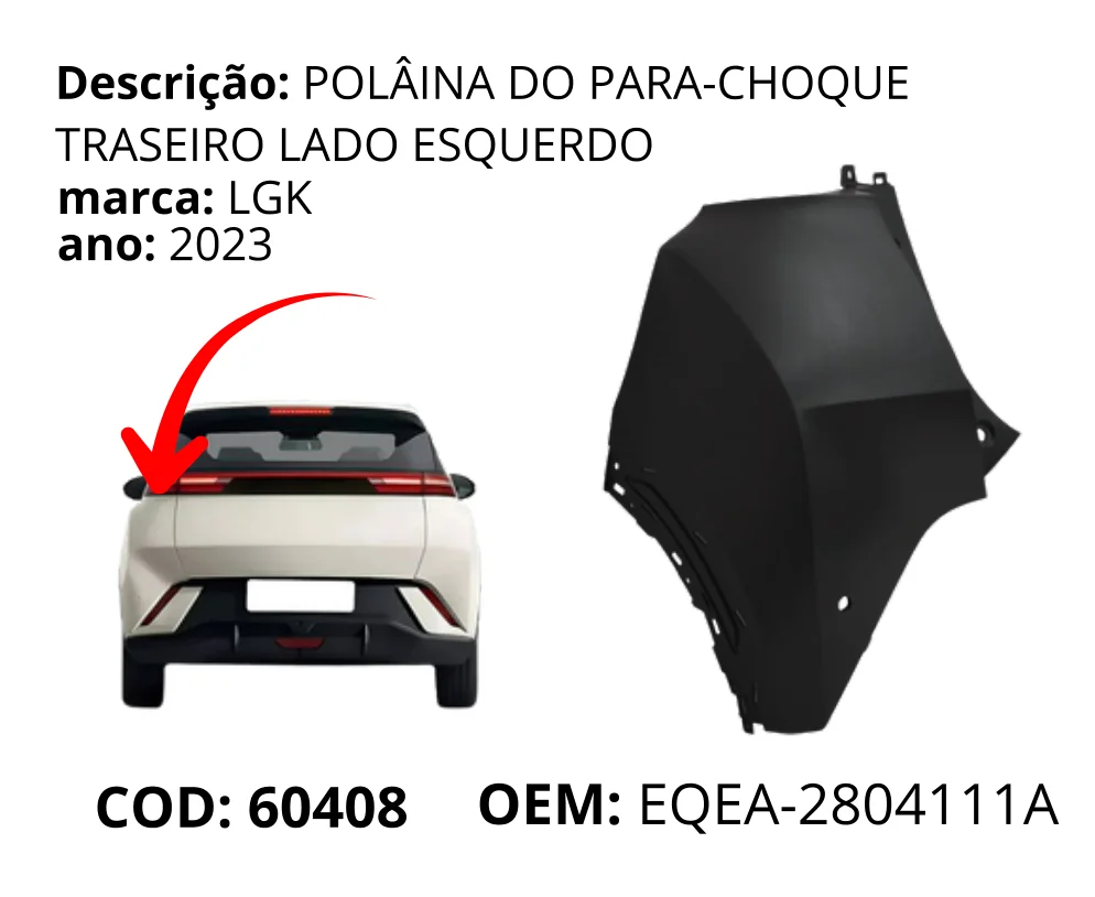 Polaina do Para-choque Traseiro Lado Esquerdo original para BYD Dolphin Mini, lado esquerdo, AutoVoltz