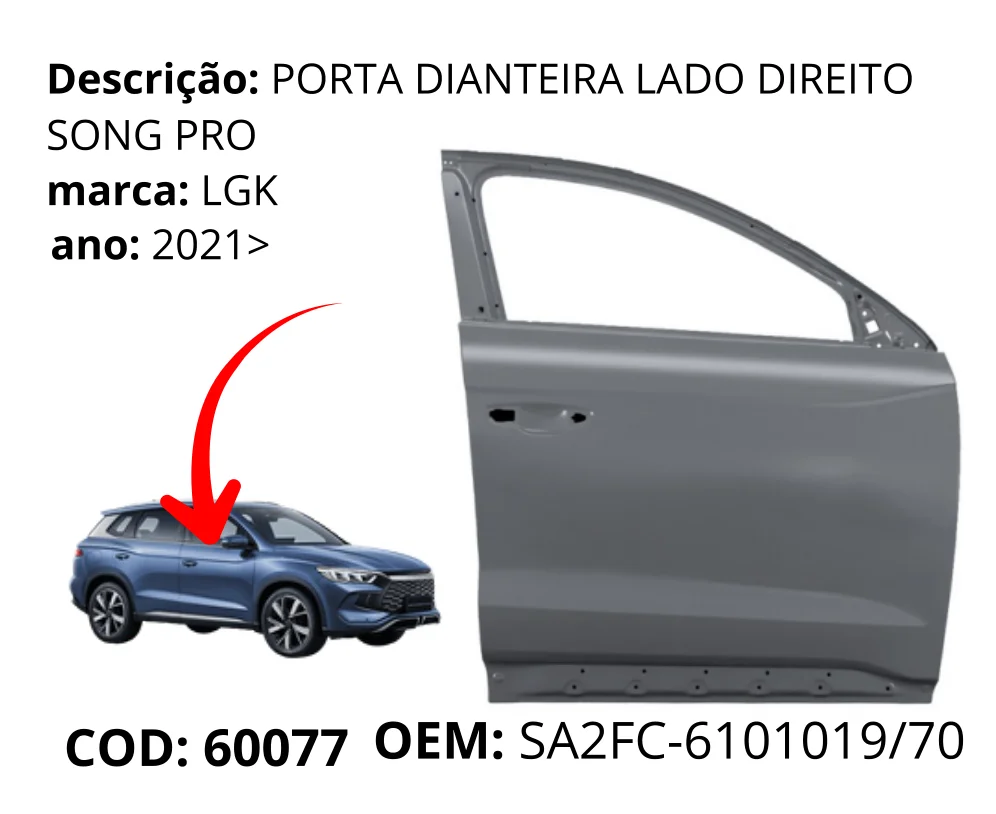 Porta Dianteira Lado Direito original para BYD Song Pro, lado direito, AutoVoltz
