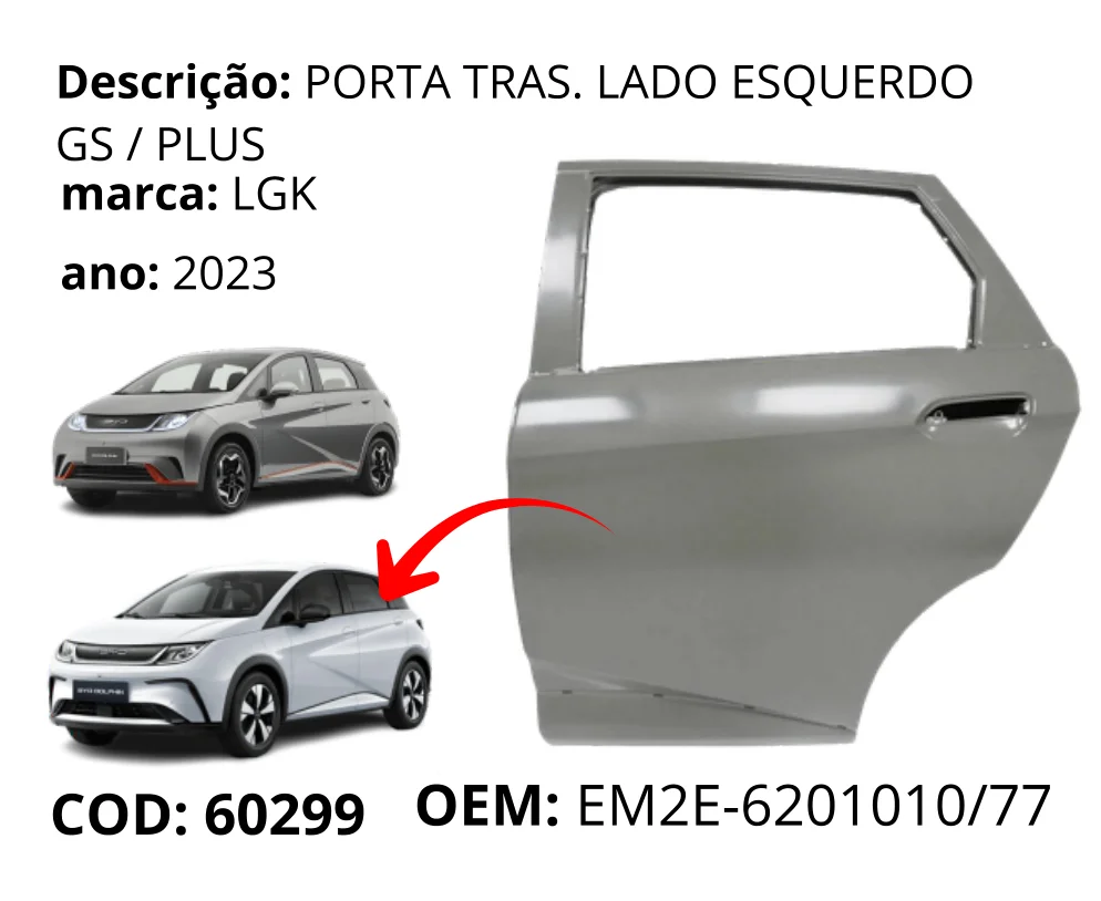 Porta Traseira Lado Esquerdo original para BYD Dolphin GS/Plus, lado esquerdo, AutoVoltz