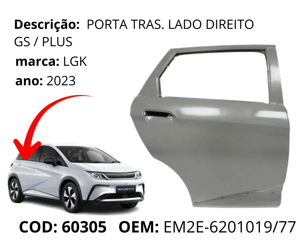 Porta Traseira Lado Direito original para BYD Dolphin GS/Plus, lado direito, AutoVoltz