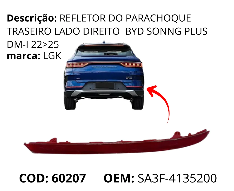 Refletor do Para-choque Traseiro Lado Esquerdo original para BYD Song Plus DM-i, lado esquerdo, AutoVoltz