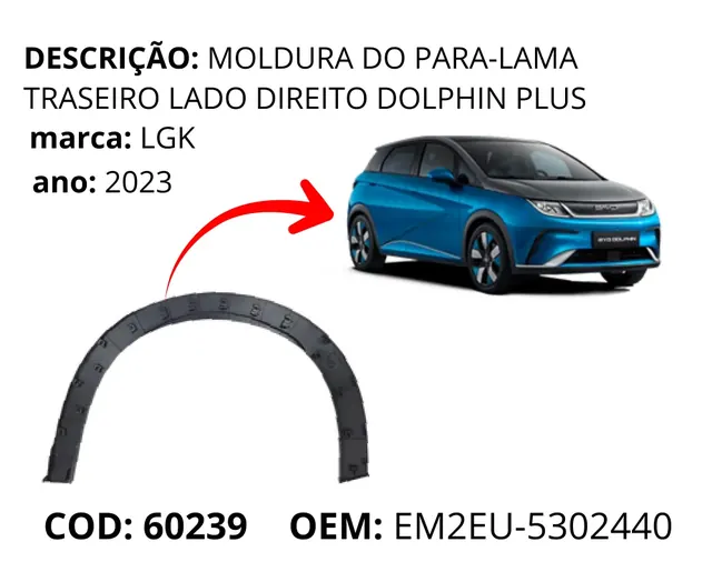 Moldura do Para-lama Traseiro Lado Direito Dolphin Plus original para BYD Dolphin GS/Plus, AutoVoltz